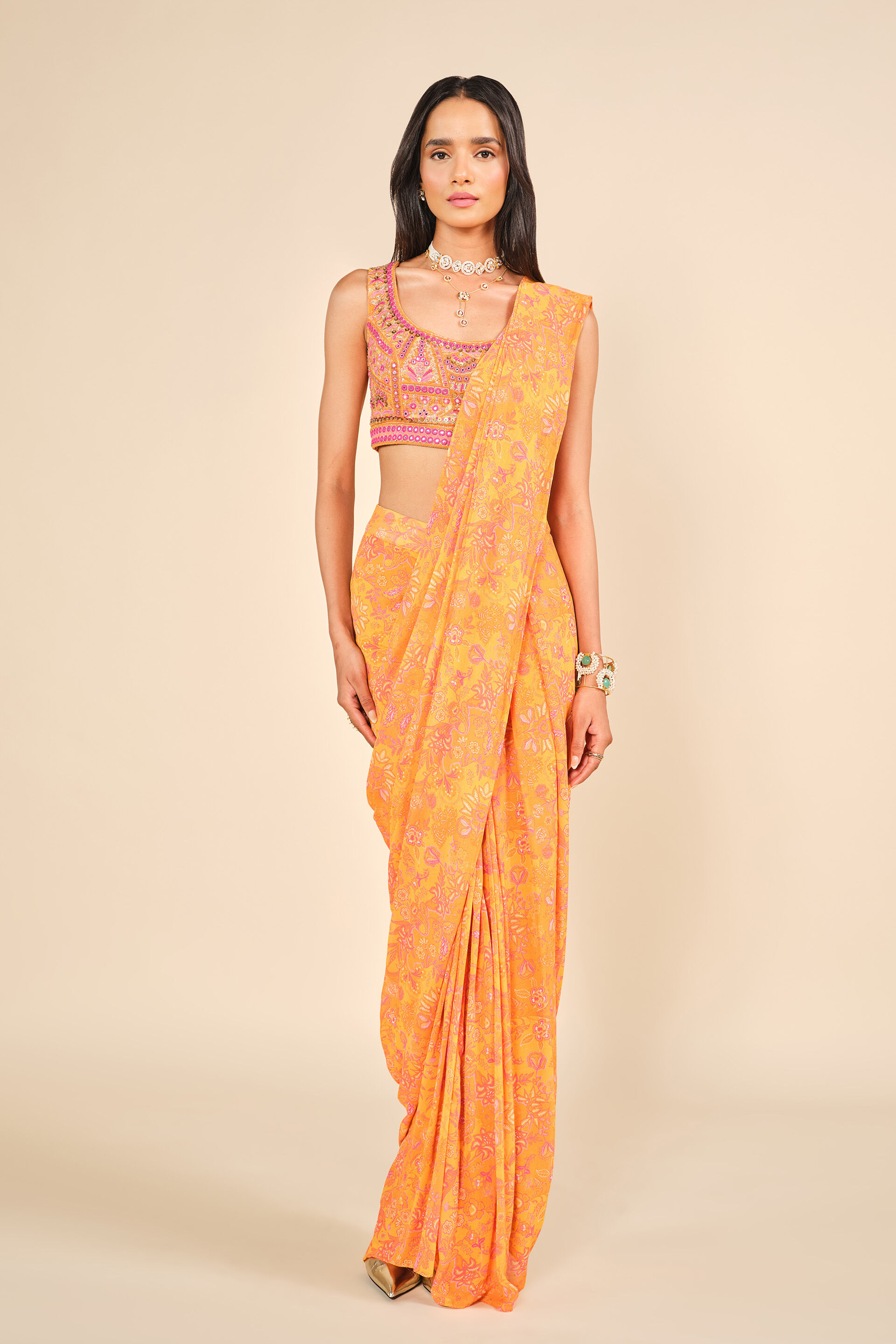 Kanchi Pre-draped Saree, Mustard, image 2